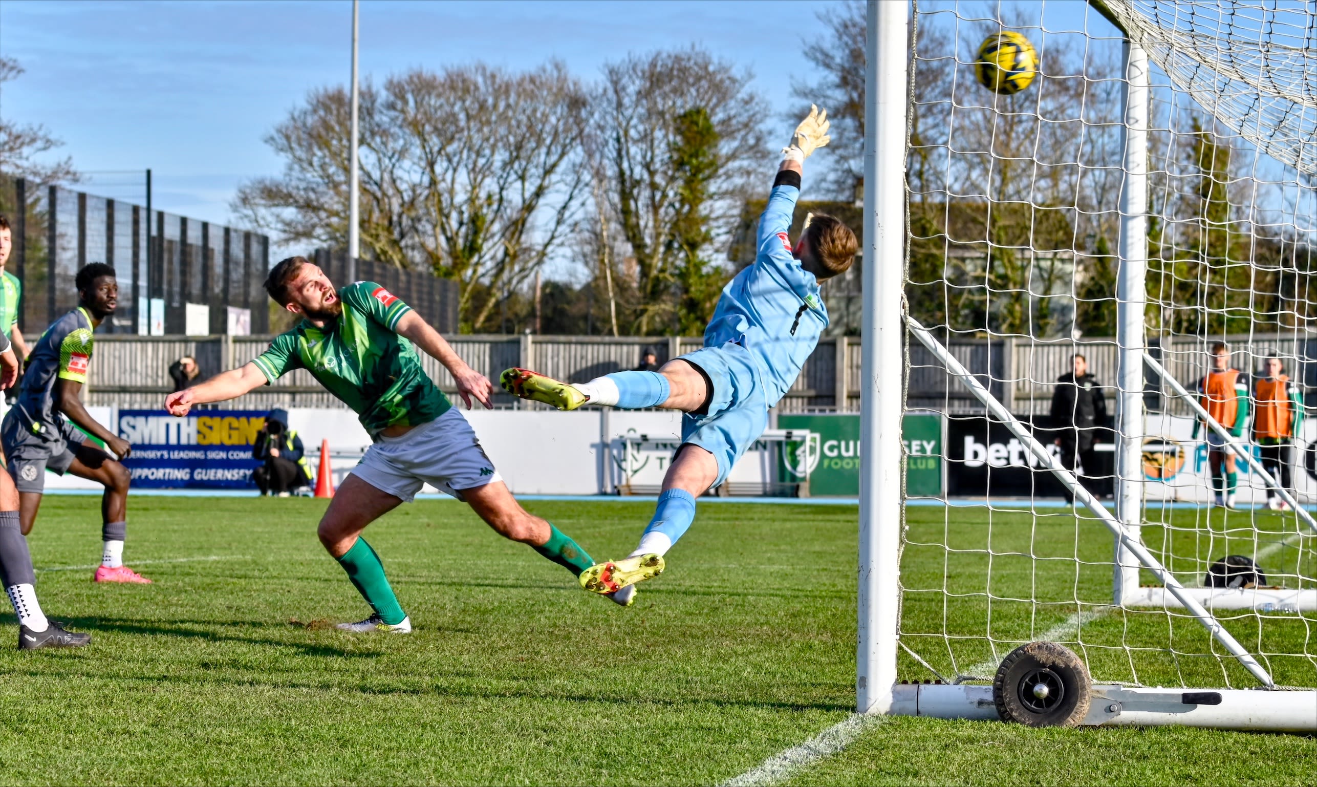 Guernsey FC scoring a goal at Footes Lane.